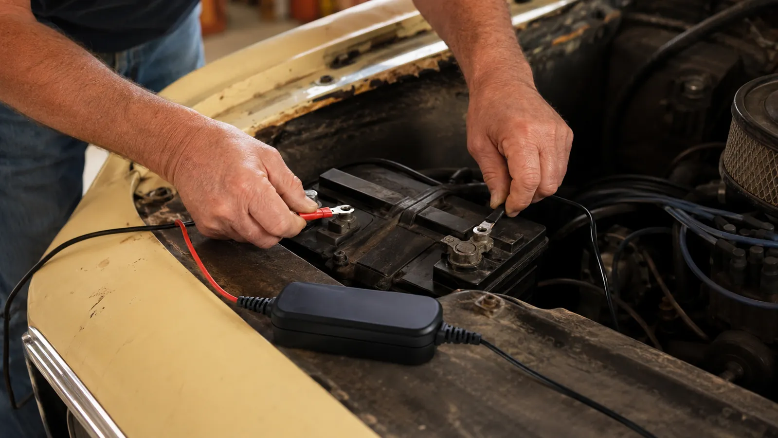 A pair of hands attaching eyelet ring terminals from a battery maintainer onto the battery terminals in an old engine bay.