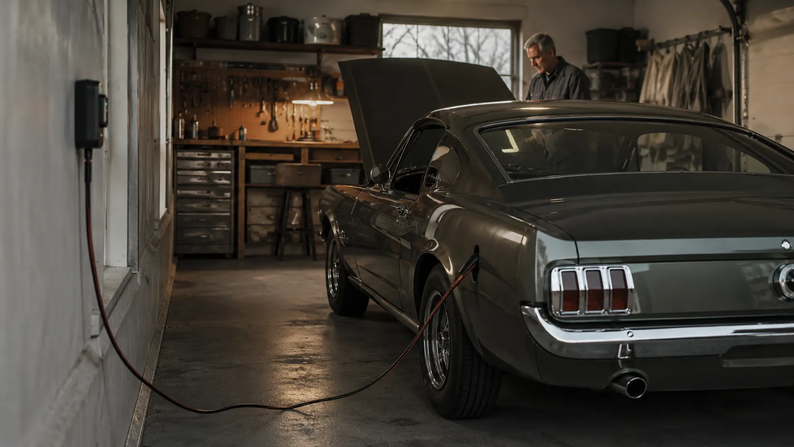 A mid-century coupe parked in a garage bay with a battery maintainer lead running from the battery to a small charger mounted on the wall.
