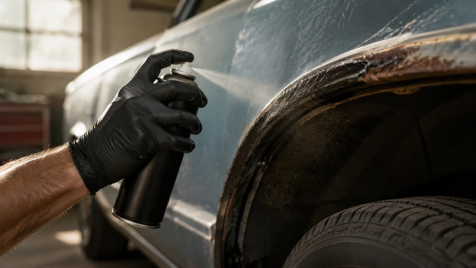 A gloved hand spraying the black reformer can onto a rusty fender lip in a garage