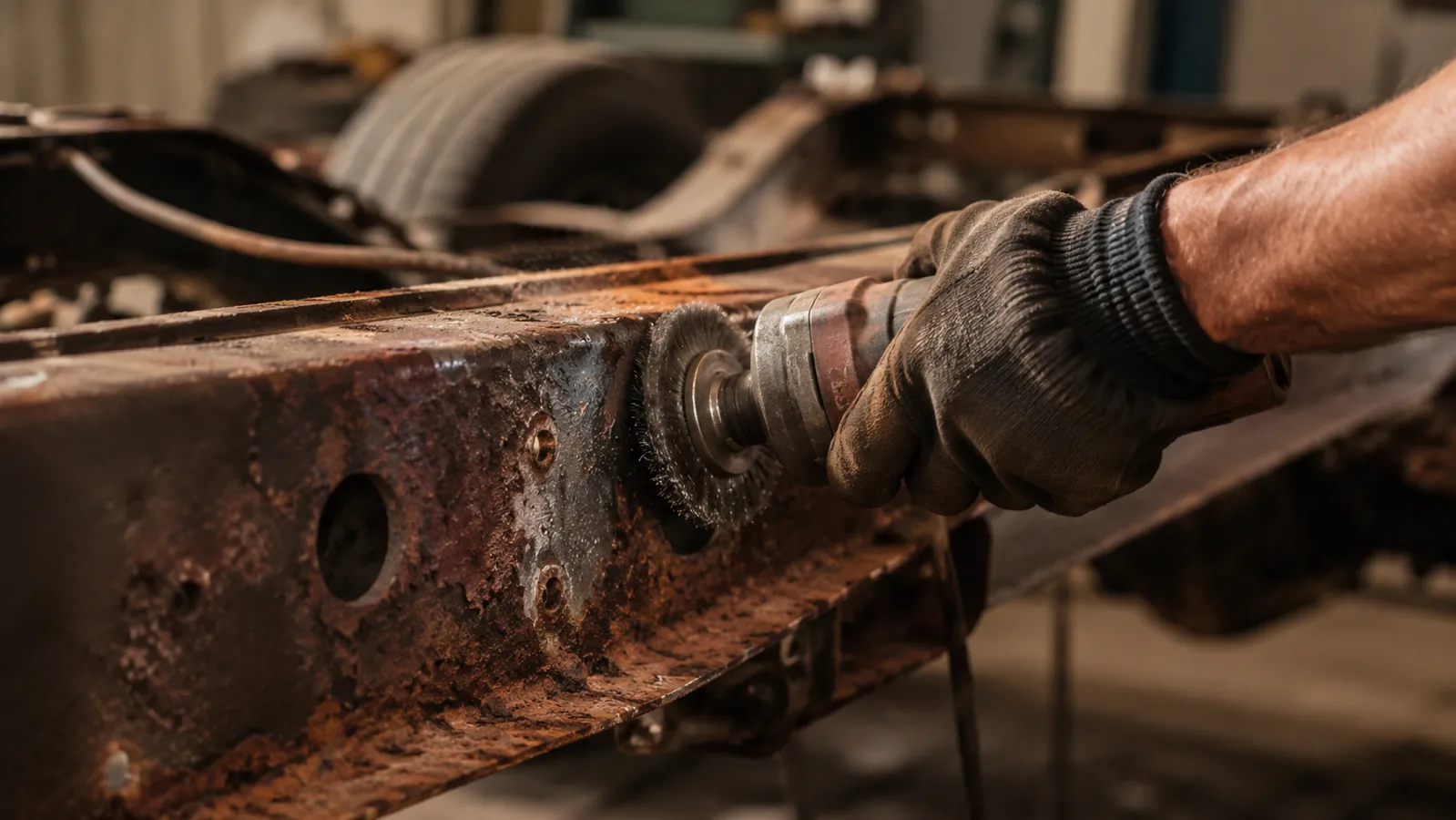 A hand running a wire wheel over red rust on a frame rail, sparks and dust in the air