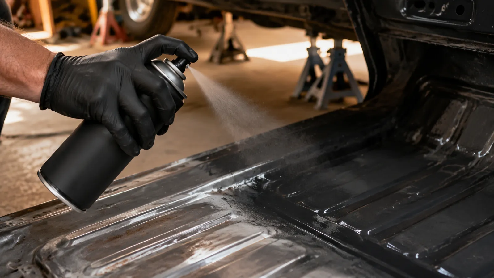 A gloved hand spraying a can of Rust-Oleum Stops Rust Reformer onto a wire-wheeled bare metal floor pan in a garage