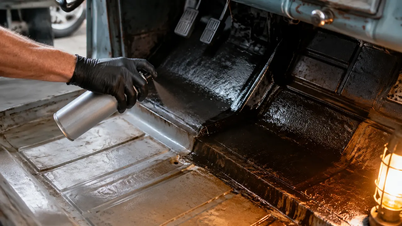 A gloved hand spraying a rust converter coating onto a cleaned metal floor pan inside a pickup truck footwell, garage work light