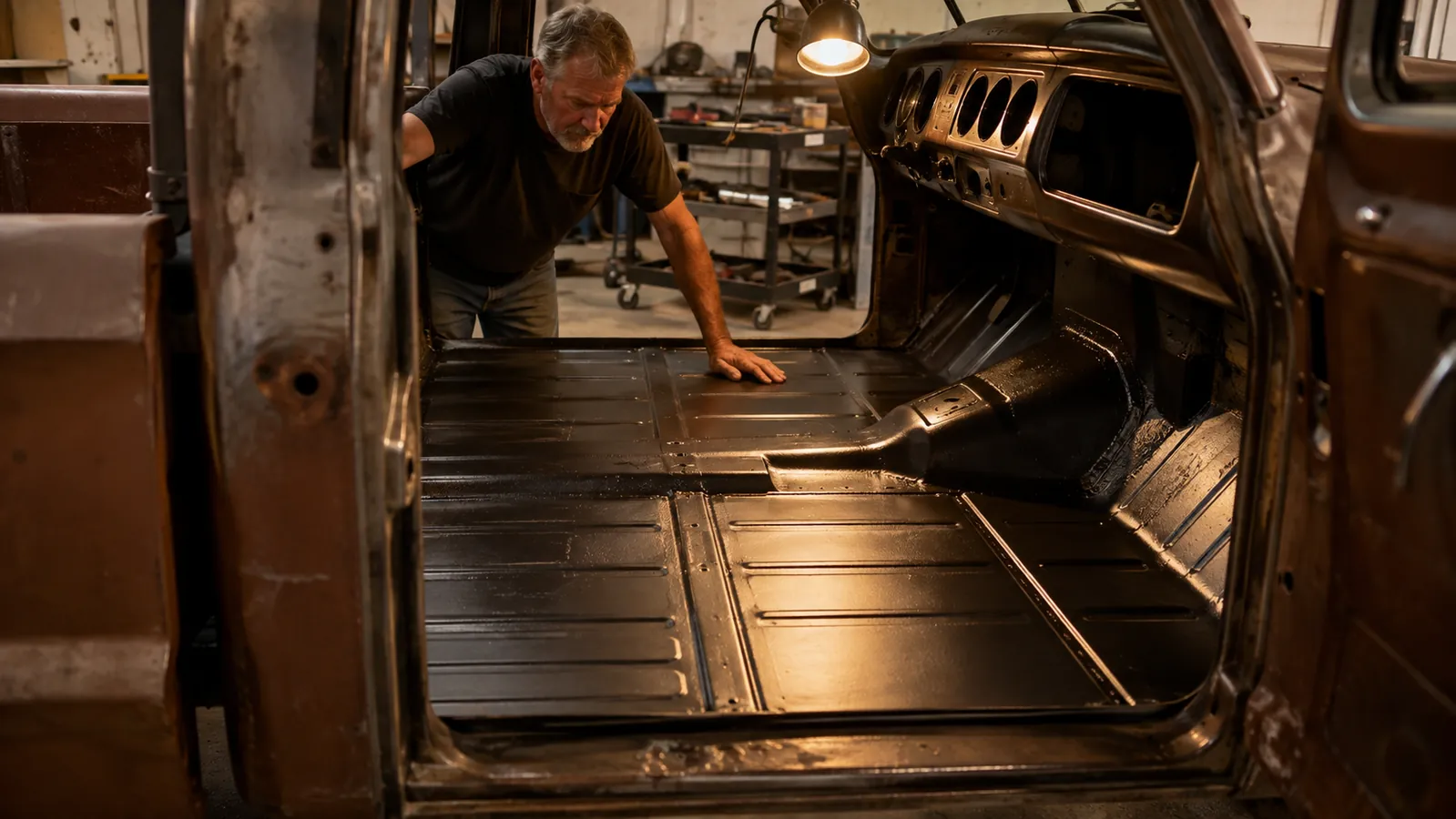 A freshly coated metal floor pan inside a vintage pickup truck, the surface even and sealed, a work light showing the smooth finish, garage setting