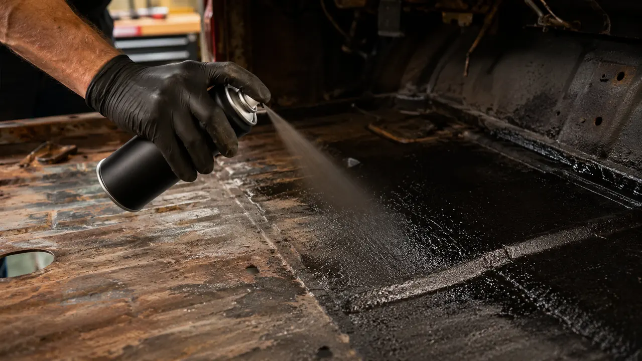 A gloved hand spraying black rust-converting paint from an aerosol can onto a wire-brushed metal floor pan