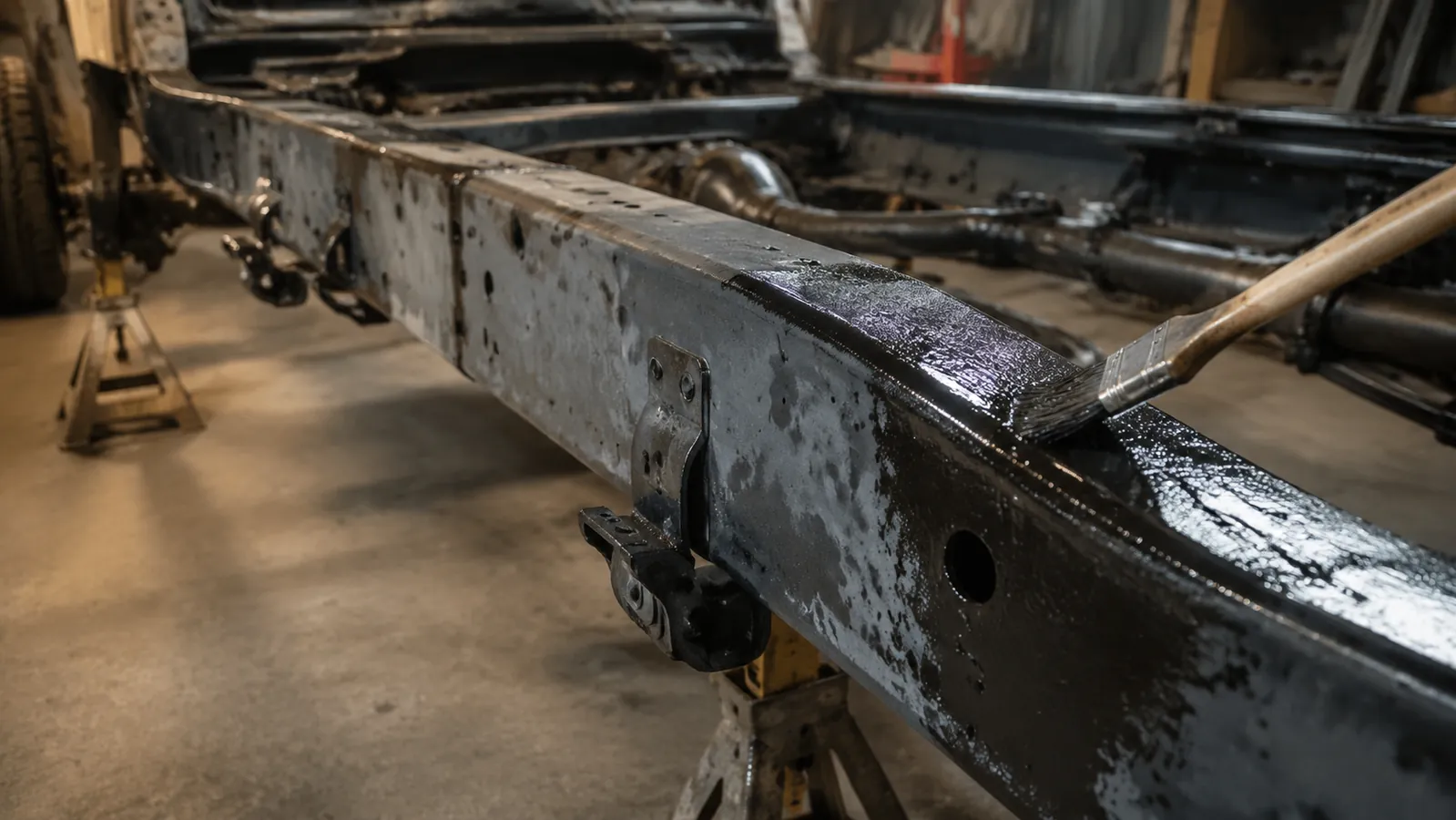 A bare steel truck frame on jack stands, a brush spreading a clear liquid metal treatment that leaves a gray phosphate film
